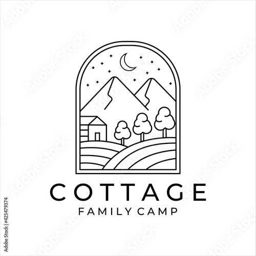 cottage or cabin line art minimalist simple vector logo illustration design. badge cottage at mountain forest in night line art logo concept minimalist simple icon illustration vector design