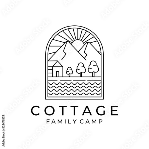 cottage or cabin line art minimalist simple vector logo illustration design. badge cottage at mountain in the river and lake line art logo concept minimalist simple icon illustration vector design
