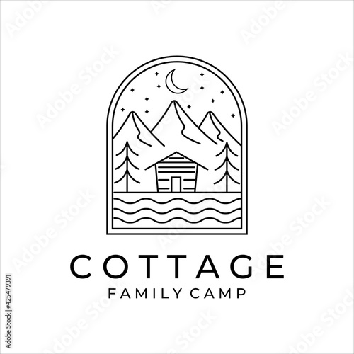 cottage or cabin line art minimalist simple vector logo illustration design. badge cottage at mountain in the river and lake line art logo concept minimalist simple icon illustration vector design