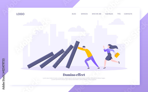 Domino effect or business resilience metaphor vector illustration concept. Adult young businessman pushing falling domino line business concept of problem solving and stopping chain reaction.