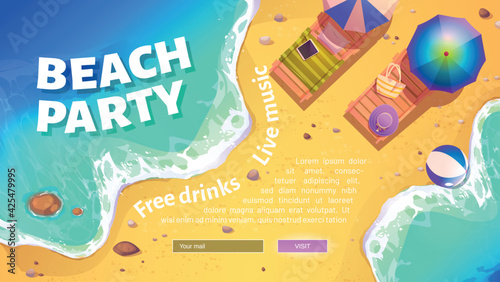 Beach party banner with summer sea shore with sunbeds and umbrellas. Vector website template with cartoon illustration of sand ocean beach with inflatable ball in water and deck chairs