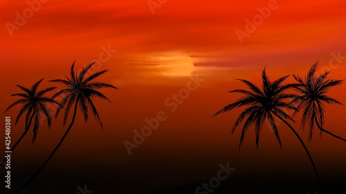 Sunset and silhouettes of palm trees.