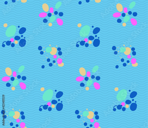 Spring seamless geometric pattern with the image of pebbles, summer shoes, sand, rest. Vector design for web banner, business presentation, brand package, fabric, print, wallpaper, postcard.