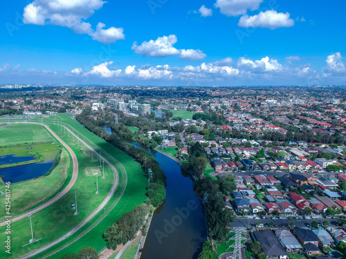 Panoramic Aerial Drone view of Cooks River in Western Suburban Sydney NSW Australia