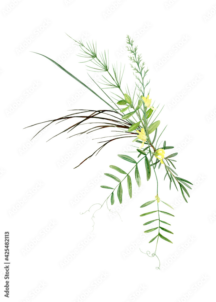 Naklejka premium Hand drawing watercolor forest bouquet of wild flowers, leaves and branches. illustration isolated on white. Perfect for summer wedding invitation and logo