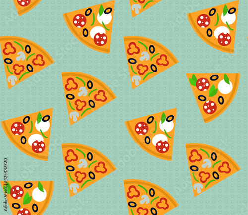 Spring seamless geometric pattern with the image of pizza, vegetables, food. Vector design for web banner, business presentation, brand package, fabric, print, wallpaper, postcard.