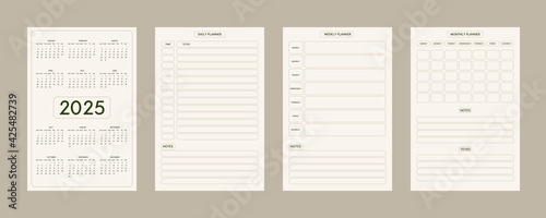 2025 calendar daily weekly monthly personal planner diary template minimalist trendy style, pastel beige olive natural color palette. Week starts on sunday