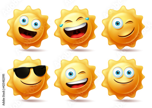 Sun characters vector set. Sun emoticon collection in different facial expression for hot tropical summer design. Vector illustration.