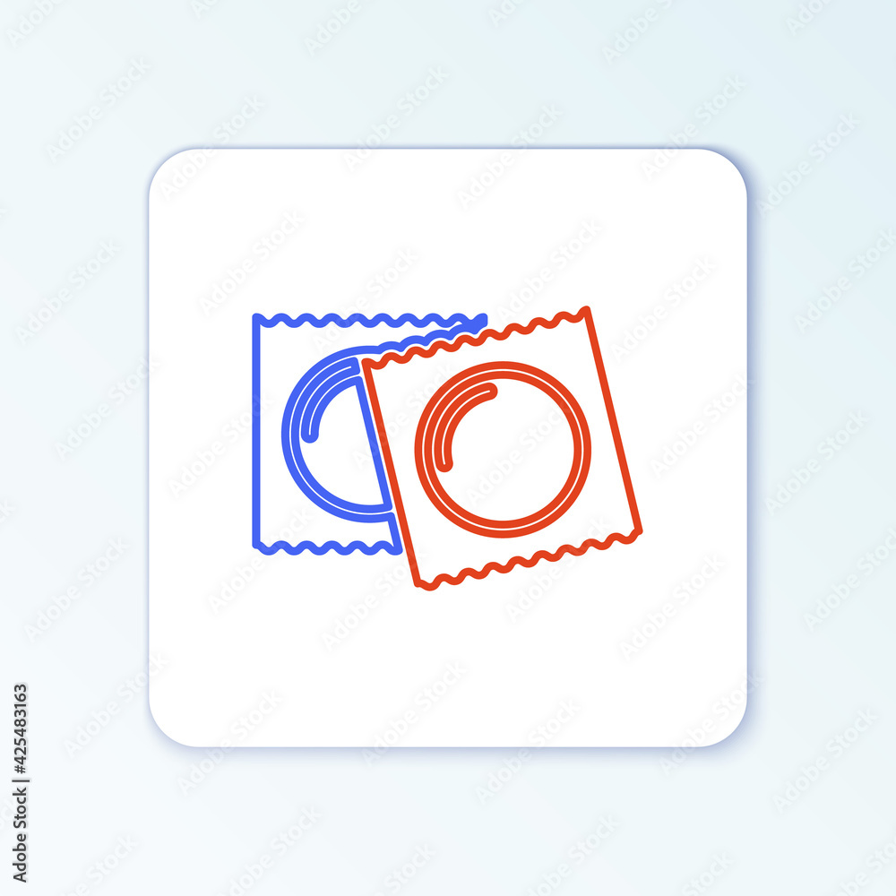 Line Condoms in package safe sex icon isolated on white background. Safe love symbol. Contraceptive method for male. Colorful outline concept. Vector Line Condoms in package safe sex icon isolated on white background. Safe love symbol. Contraceptive method for male. Colorful outline concept. Vector