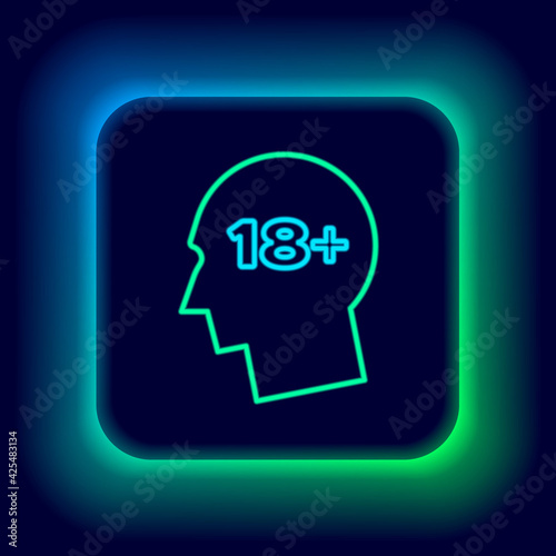 Glowing neon line Human head with inscription 18 plus icon isolated on black background. 18 plus content sign. Adults content only icon. Colorful outline concept. Vector