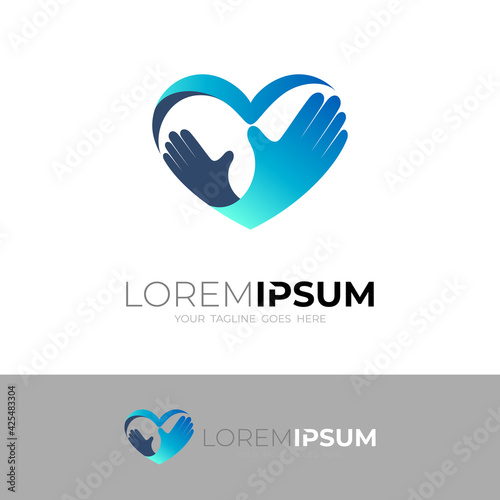 Hand love logo with charity icon template, heart logo