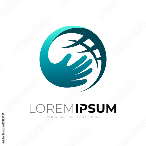 Globe icon with hand design template, earth logo , blue color