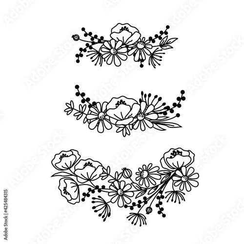 Hand drawn wildflowers wreaths. Black and white doodle wild flowers and grass plants. Monochrome floral elements.