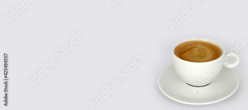 Cup of coffee, side view, isolated on gray background, free space for your text