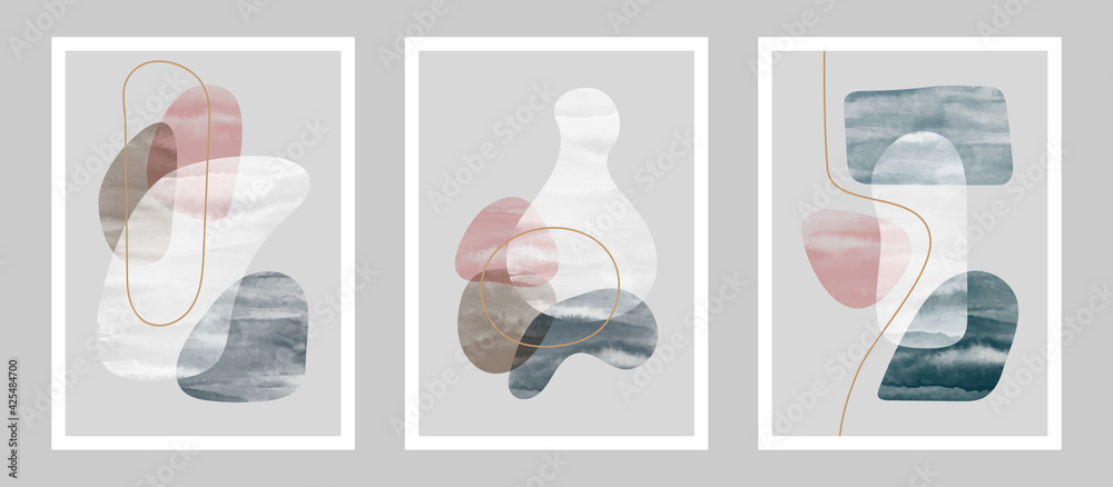 Set of wall art watercolor illustrations. Minimalist abstract design, with different shapes for wall decoration, postcard or brochure cover.
Modern hand drawn vector EPS10 graphic.