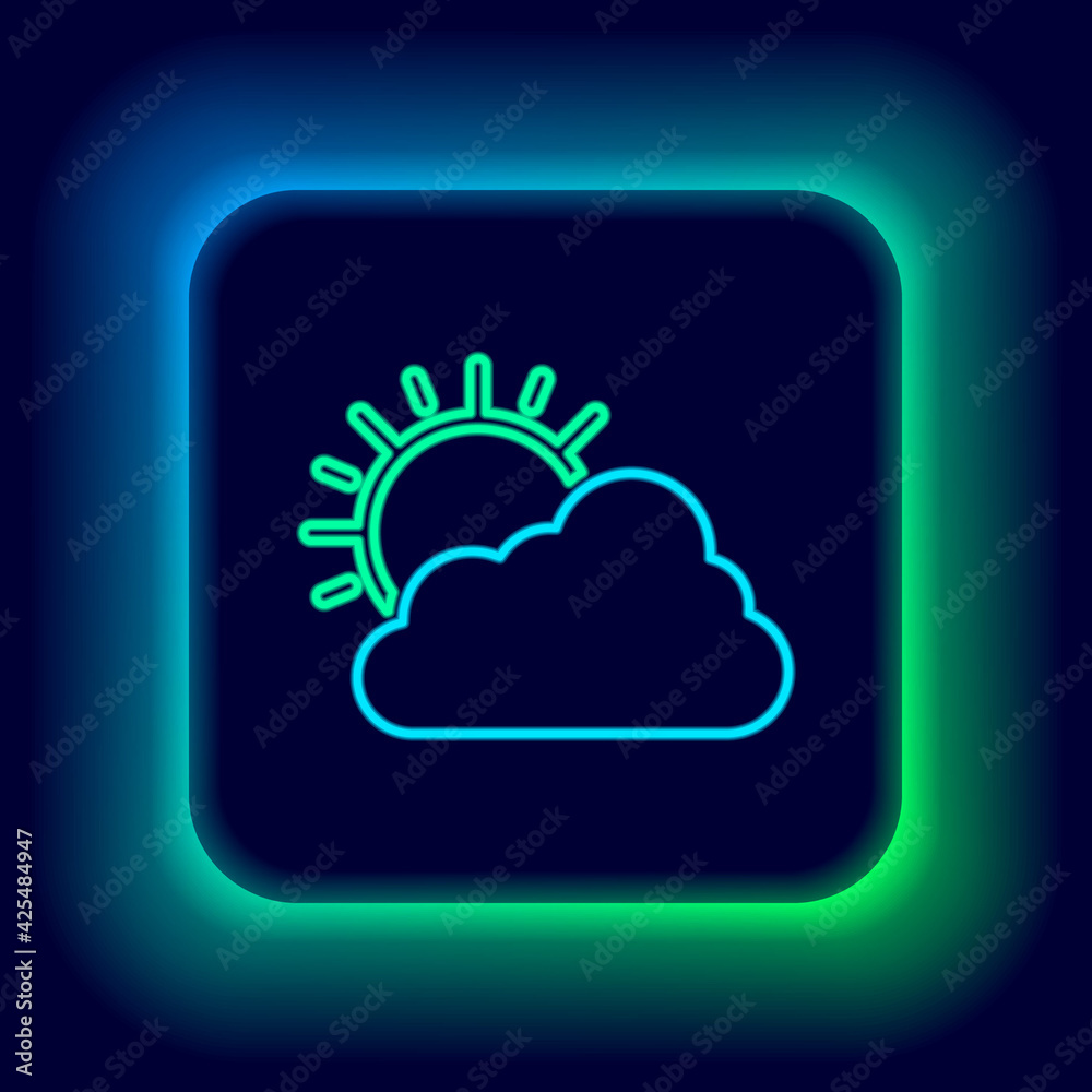 Glowing neon line Sun and cloud weather icon isolated on black background. Colorful outline concept. Vector Glowing neon line Sun and cloud weather icon isolated on black background. Colorful outline concept. Vector