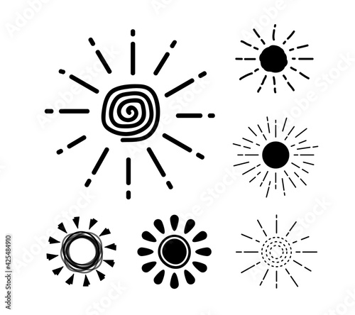 Sun icon set. Black silhouette sun collection. Summer, sunlight, nature, sky. Funny vector doodle suns. © kornetka