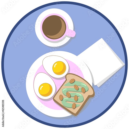 Vector illustration, breakfast with boiled eggs, toast and coffee on a blue background