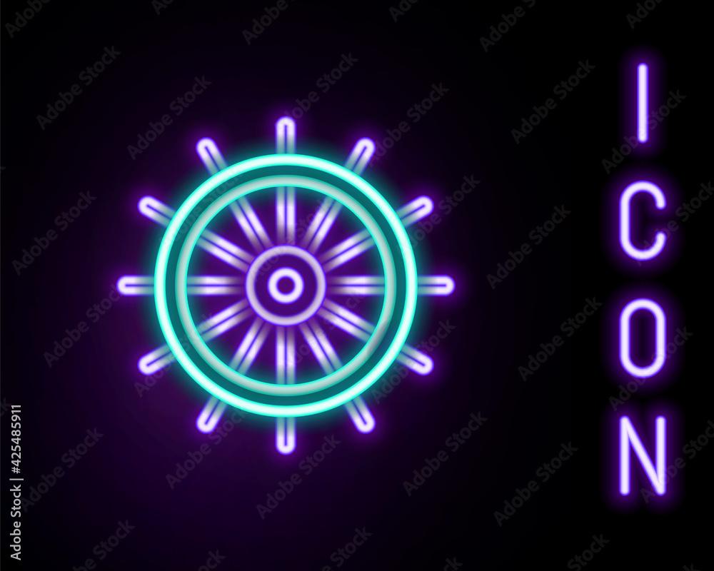 Glowing neon line Ship steering wheel icon isolated on black background. Colorful outline concept. Vector