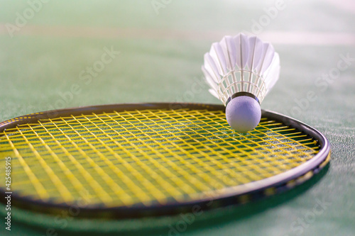 White badminton shuttlecock on badminton racket on green background, indoor badminton court, badminton sports wallpaper or background with copy space © NARANAT STUDIO