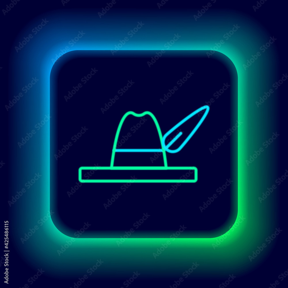 Glowing neon line Oktoberfest hat icon isolated on black background. Hunter hat with feather. German hat. Colorful outline concept. Vector Glowing neon line Oktoberfest hat icon isolated on black background. Hunter hat with feather. German hat. Colorful outline concept. Vector