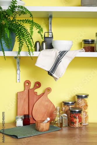 Products and cutting boards on kitchen counter