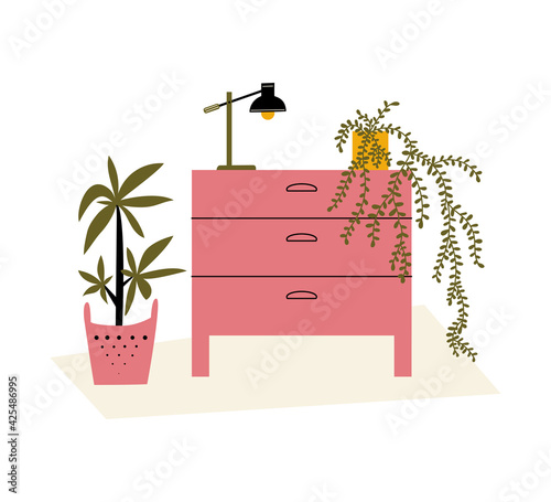 Vector flat illustration with commode on white background. Modern interior items for room: drawer, houseplants, table lamp, carpet