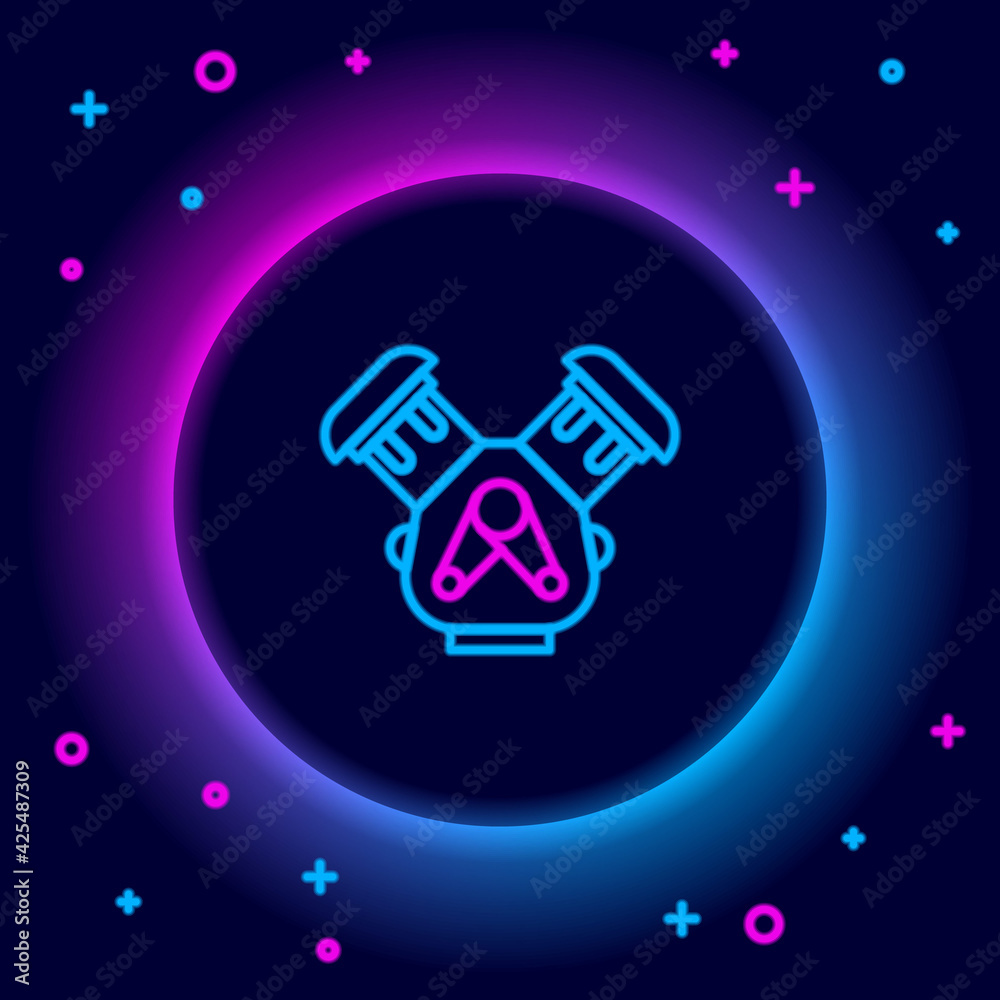 Glowing neon line Car engine icon isolated on black background. Colorful outline concept. Vector Glowing neon line Car engine icon isolated on black background. Colorful outline concept. Vector