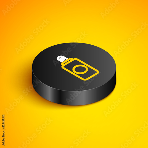Isometric line Spray can for air freshener, hairspray, deodorant, antiperspirant icon isolated on yellow background. Black circle button. Vector