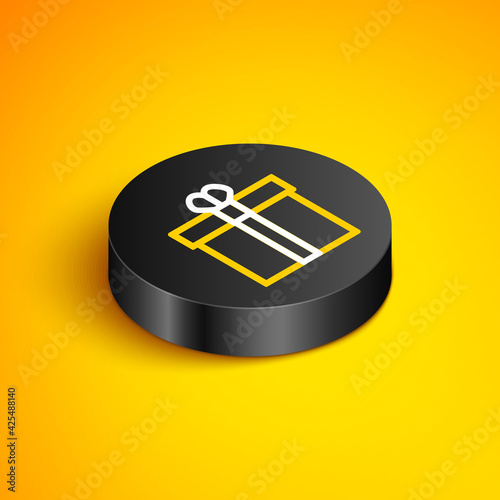 Isometric line Gift box and heart icon isolated on yellow background. Valentines day. Black circle button. Vector