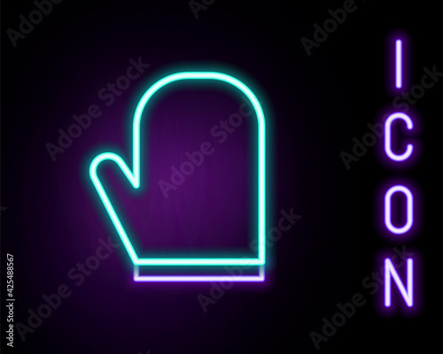Glowing neon line Oven glove icon isolated on black background. Kitchen potholder sign. Cooking glove. Colorful outline concept. Vector