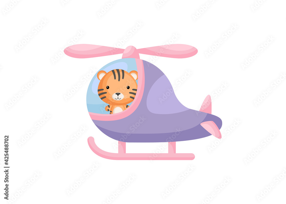 Cute little tiger pilot in violet helicopter. Cartoon character for childrens book, album, baby shower, greeting card, party invitation, house interior. Vector stock illustration Cute little tiger pilot in violet helicopter. Cartoon character for childrens book, album, baby shower, greeting card, party invitation, house interior. Vector stock illustration