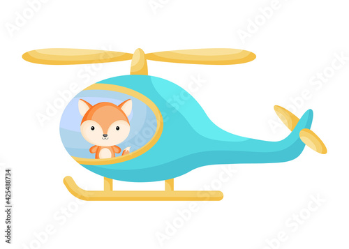 Cute little fox pilot in turquoise helicopter. Cartoon character for childrens book, album, baby shower, greeting card, party invitation, house interior. Vector stock illustration. © Jexy