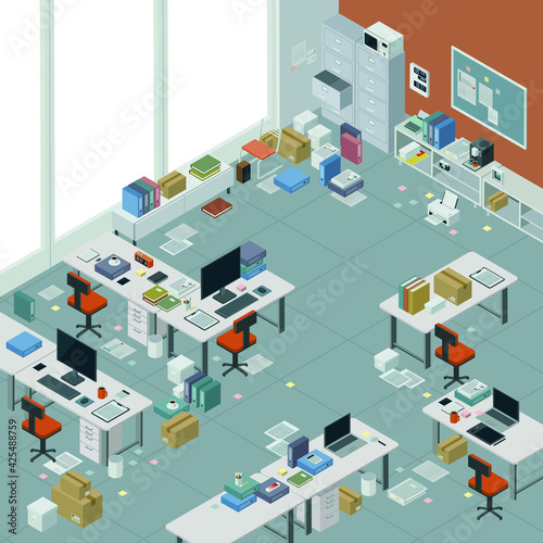 Messy corporate business office with cluttered desks