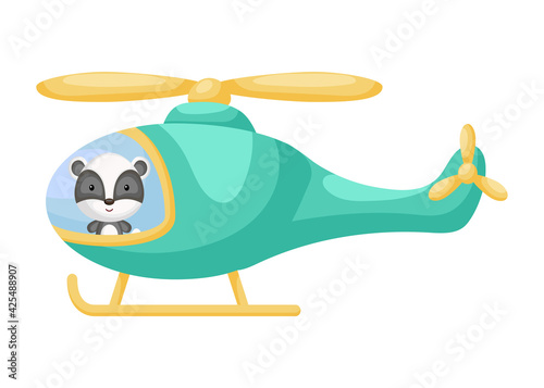 Cute little badger pilot in emerald helicopter. Cartoon character for childrens book, album, baby shower, greeting card, party invitation, house interior. Vector stock illustration. © Jexy