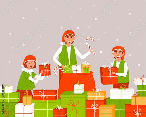 Elves, girls and boys, packing presents for Christmas. Christmas card with gifts and Santa's bag. Flat vector illustration.