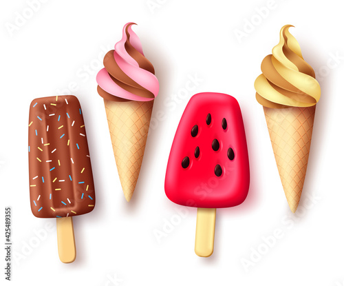 Summer ice cream and popsicle vector set. Tropical refreshment food collection with delicious flavor isolated in white background for hot season refresh. Vector illustration.