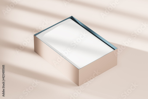 Open realistic box with white paper inside on a light background. The concept of a business gift, surprise, package goods. Mock up. 3d rendering.