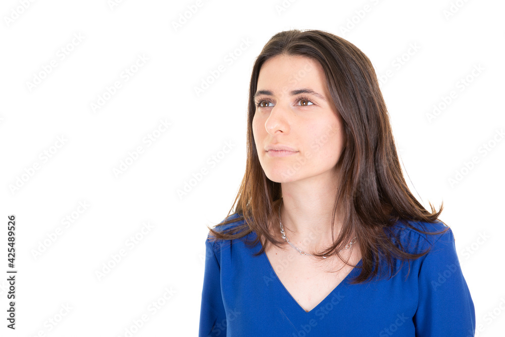 young pretty woman posing looking up copy space on white background young pretty woman posing looking up copy space on white background
