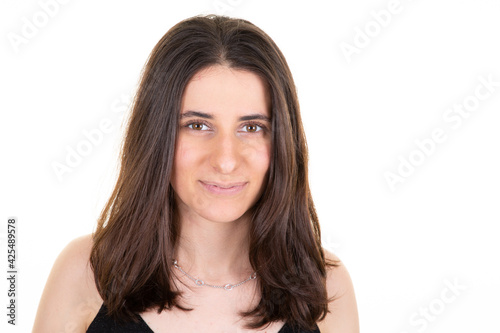 woman face young pretty cheerful happy girl portrait looking at camera over white background