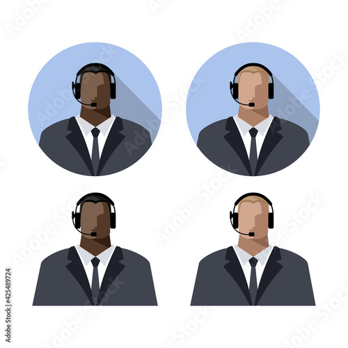 The operator is a young man online of different racial backgrounds, wearing headphones with a microphone, a headset. Call center concept or support service, blogger, streamer. Color avatars, vector