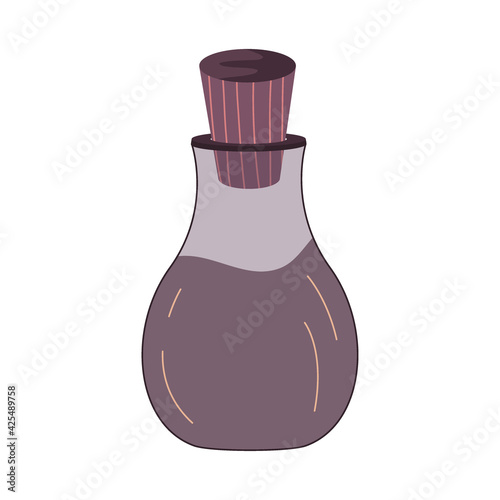The potion in palmistry bottle is isolated on white background. Flat illustration with lines. Esoteric vector. Vector hand drawing. A mystical drawing. Isolated illustration