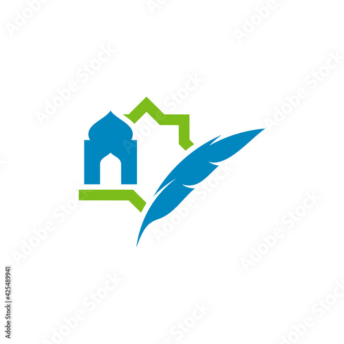 Feather with Mosque logo design vector illustration, Creative Islamic logo design concept template, symbols icons