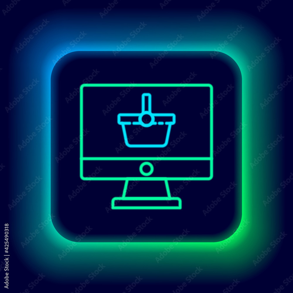 Glowing neon line Computer monitor with shopping basket icon isolated on black background. Online Shopping cart. Supermarket basket symbol. Colorful outline concept. Vector Glowing neon line Computer monitor with shopping basket icon isolated on black background. Online Shopping cart. Supermarket basket symbol. Colorful outline concept. Vector