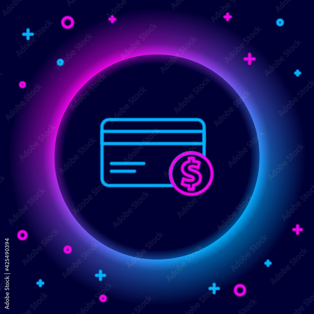Glowing neon line Credit card and dollar symbol icon isolated on black background. Online payment. Cash withdrawal. Financial operations. Colorful outline concept. Vector Glowing neon line Credit card and dollar symbol icon isolated on black background. Online payment. Cash withdrawal. Financial operations. Colorful outline concept. Vector
