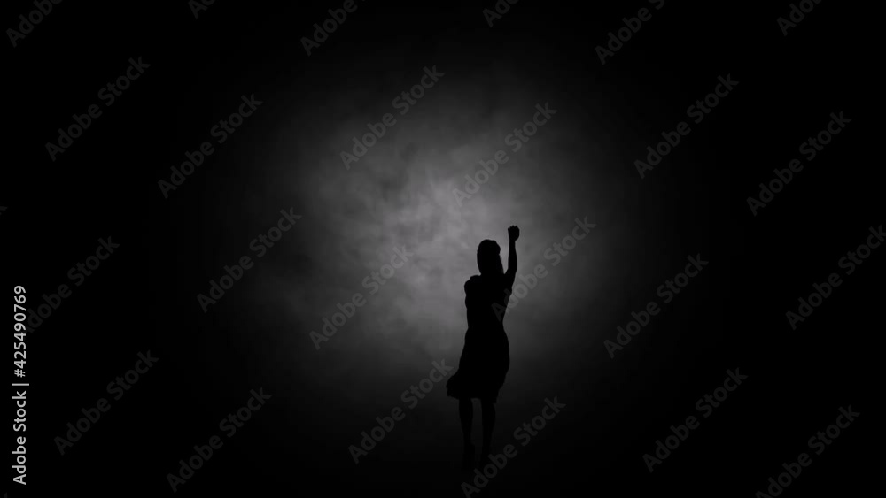 A modern youth dance performed by a graceful and sexy female silhouette, in the smoke against the backdrop of spotlights. A modern youth dance performed by a graceful and sexy female silhouette, in the smoke against the backdrop of spotlights.