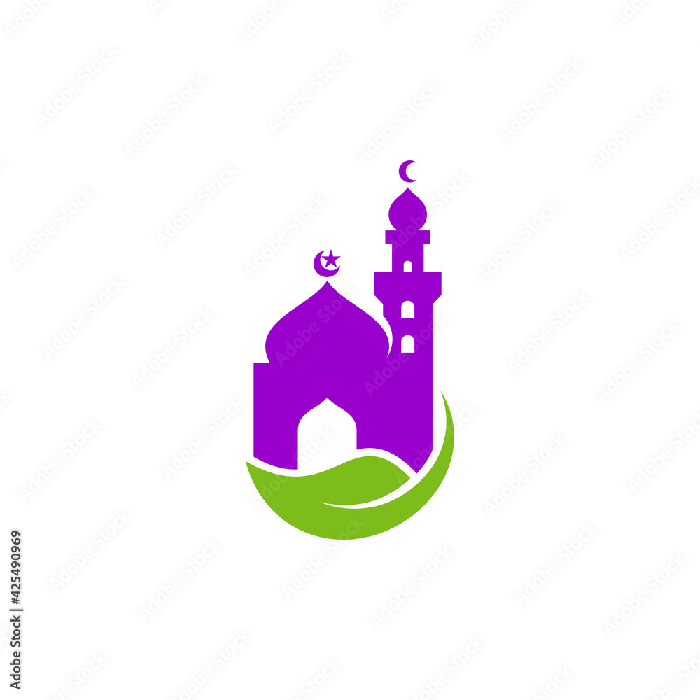Mosque Leaf logo design vector illustration, Creative Islamic logo design concept template, symbols icons