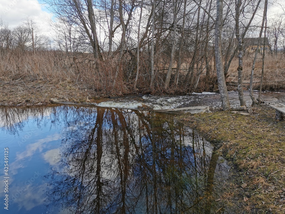 reflection of the sky and clouds in the calm surface of the water