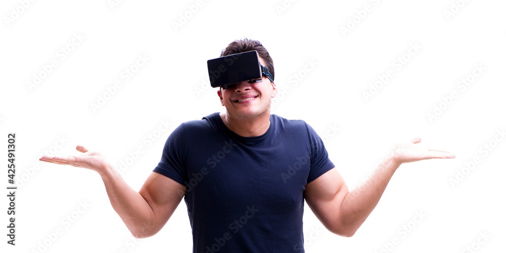Man playing with virtual reality glasses on white background Man playing with virtual reality glasses on white background