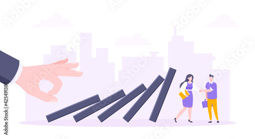 Domino effect or business resilience metaphor vector illustration concept. Business people shaking hands near falling domino line business concept of problem solving and stopping chain reaction